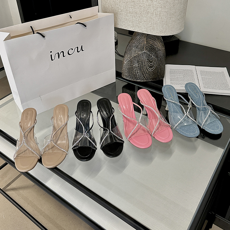 2024 Spring Summer New European American Style Thin Heel Rhinestone Sandals Transparent PVC Open Toe High Heel Slippers