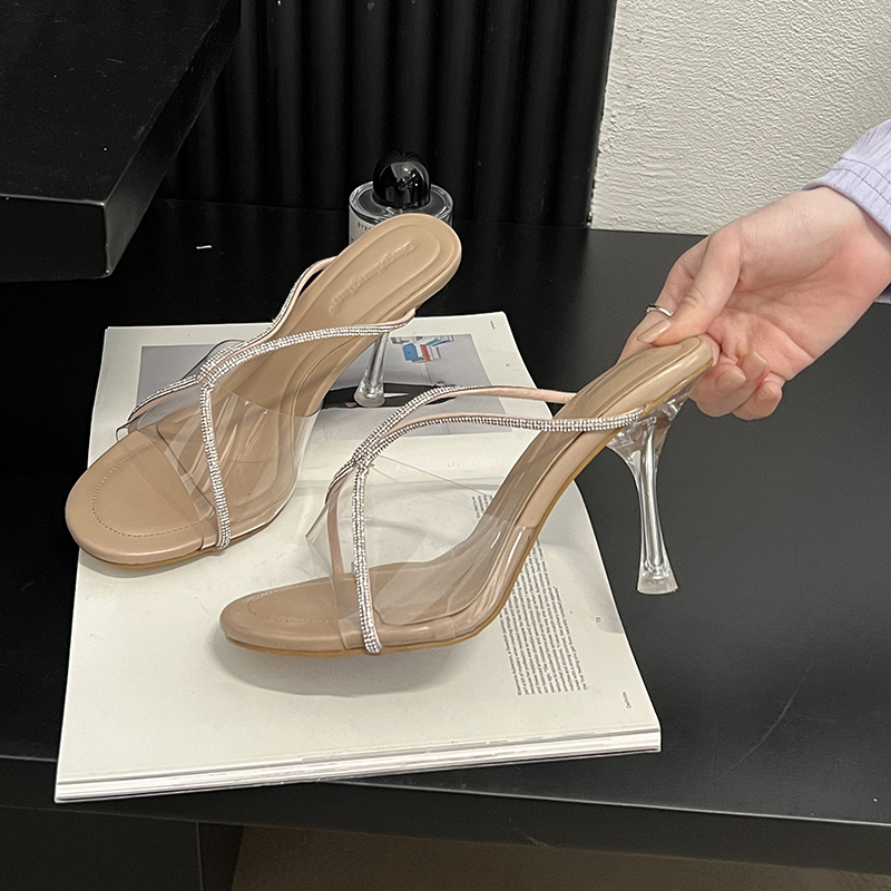 2024 Spring Summer New European American Style Thin Heel Rhinestone Sandals Transparent PVC Open Toe High Heel Slippers