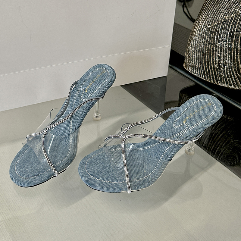 2024 Spring Summer New European American Style Thin Heel Rhinestone Sandals Transparent PVC Open Toe High Heel Slippers