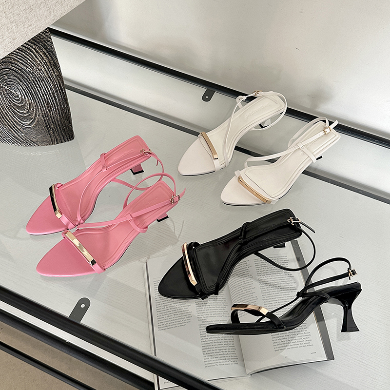 2024 Spring New Simple Versatile One-Strap Thin Heel Sandals European American Style Fine Strap Buckle Solid Color Open Toe Women's Shoes