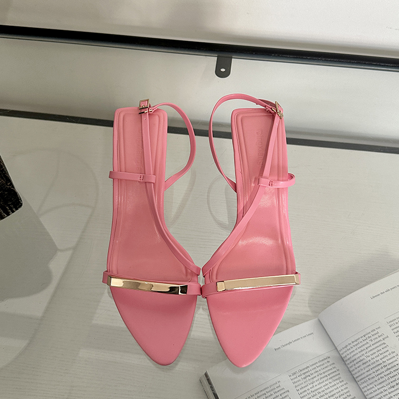 2024 Spring New Simple Versatile One-Strap Thin Heel Sandals European American Style Fine Strap Buckle Solid Color Open Toe Women's Shoes