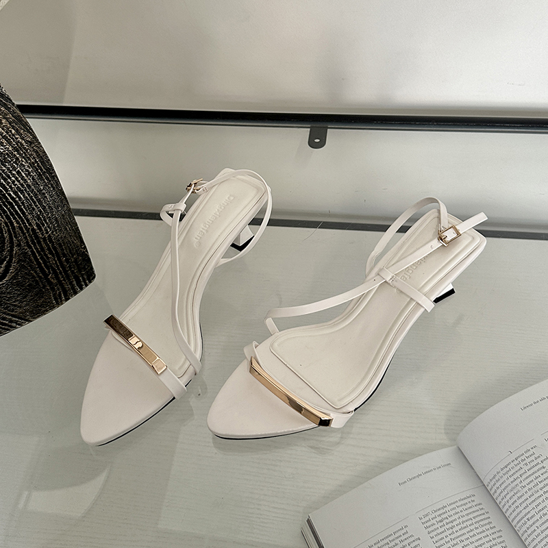 2024 Spring New Simple Versatile One-Strap Thin Heel Sandals European American Style Fine Strap Buckle Solid Color Open Toe Women's Shoes