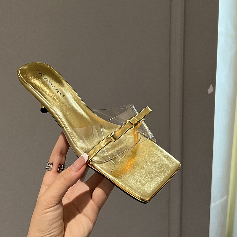 2024 Summer New Elegant Butterfly Knot Low Heel Strappy Sandals Simple Versatile Transparent Slippers