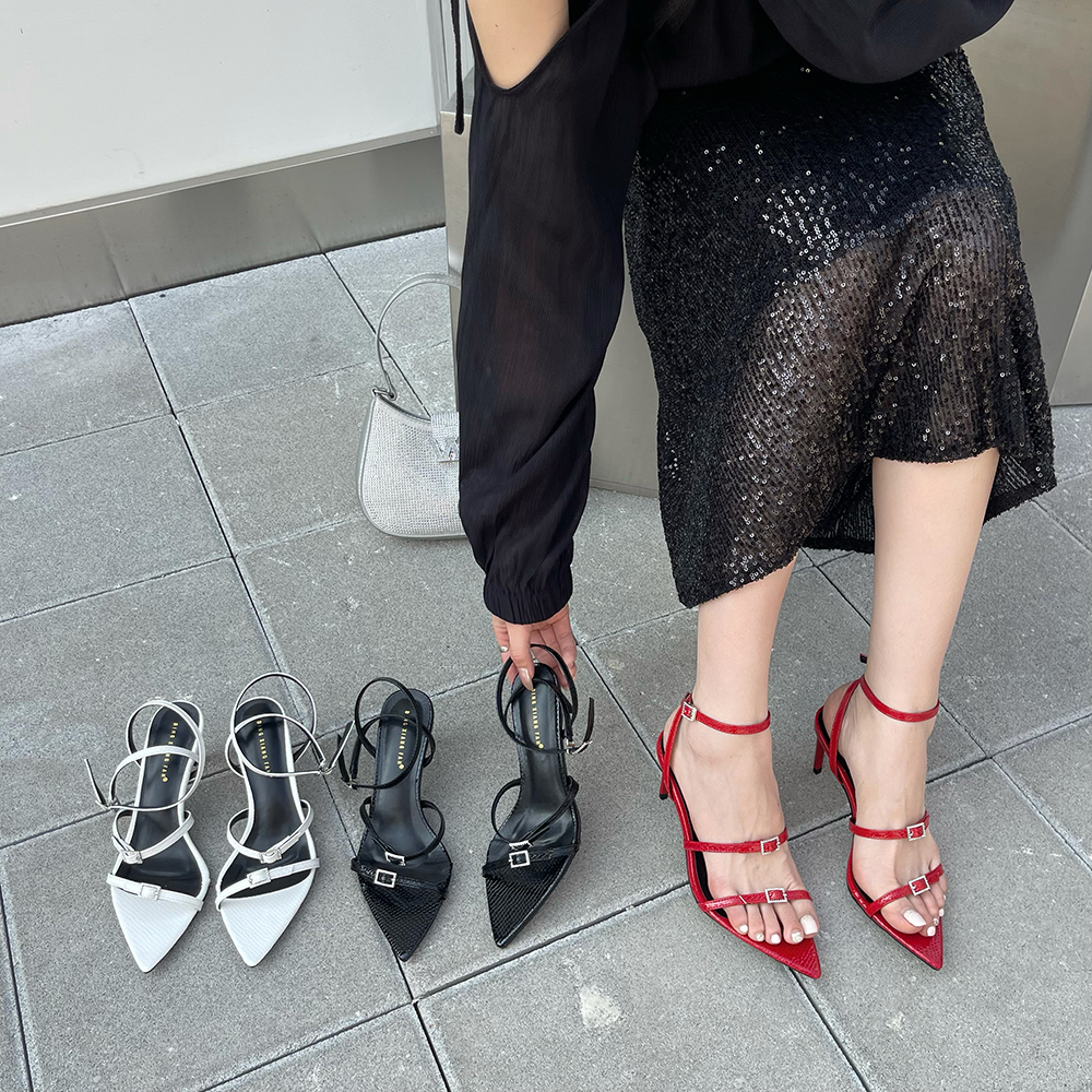 2024 New Summer European American Fashion Pointed Toe High Heel Women's Sandals Rhinestone Buckle One-Strap Sandals