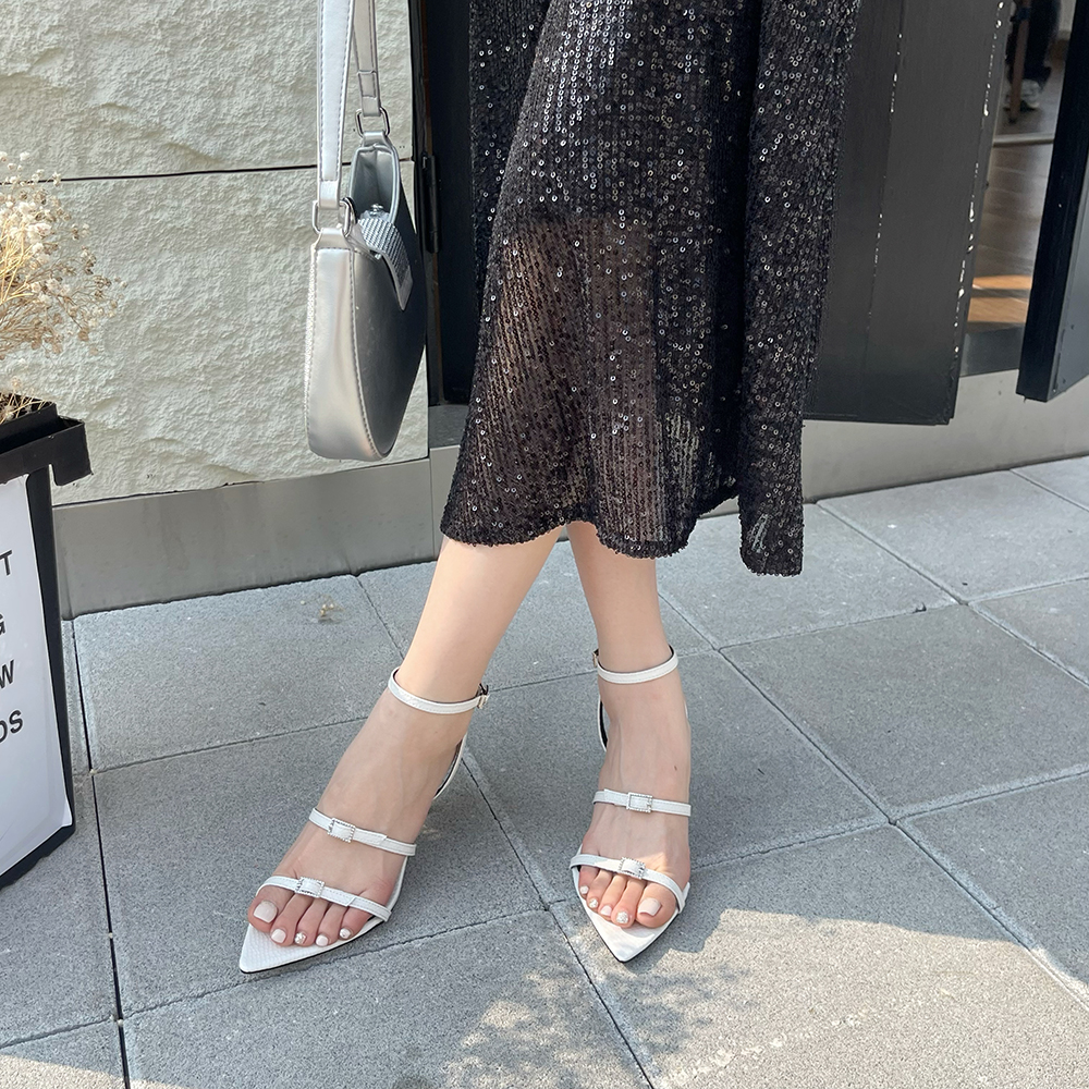 2024 New Summer European American Fashion Pointed Toe High Heel Women's Sandals Rhinestone Buckle One-Strap Sandals
