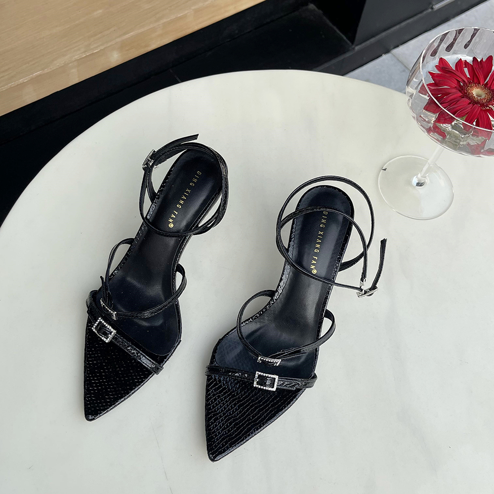 2024 New Summer European American Fashion Pointed Toe High Heel Women's Sandals Rhinestone Buckle One-Strap Sandals
