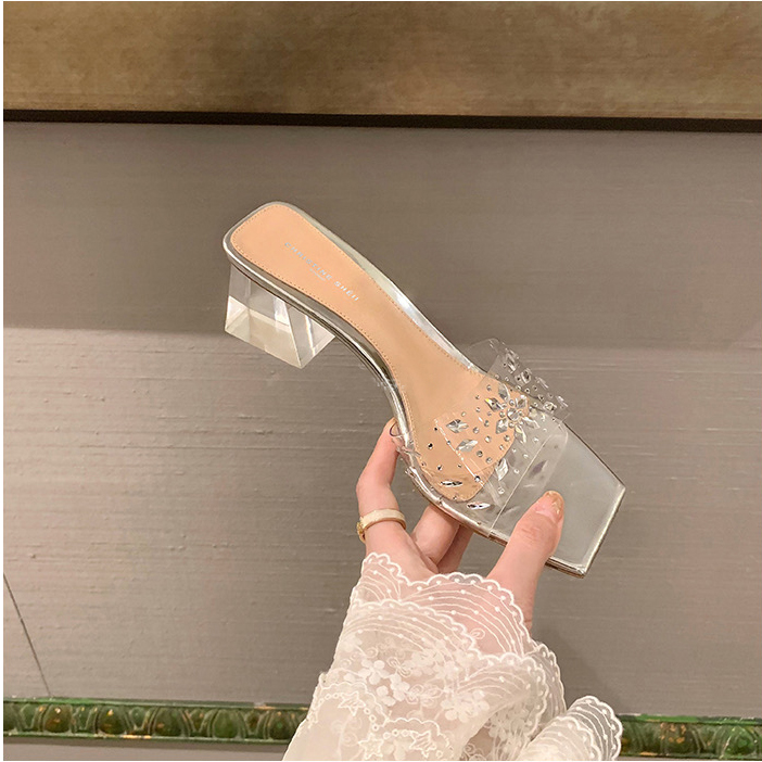 1704769929804_497333.jpg 2024 New Summer Comfortable Chunky Heel Sandals Korean Style Square Toe Luxury Rhinestone Outdoor Mid Heel Slippers