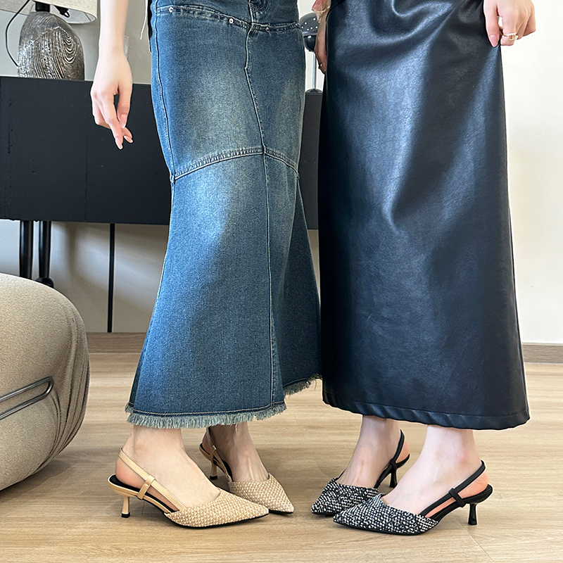 2024 Spring Summer New Minimalist Pointed Toe Women's Shoes Thin Heel Fashion Elegant Mid Heel Sandals 1121-3