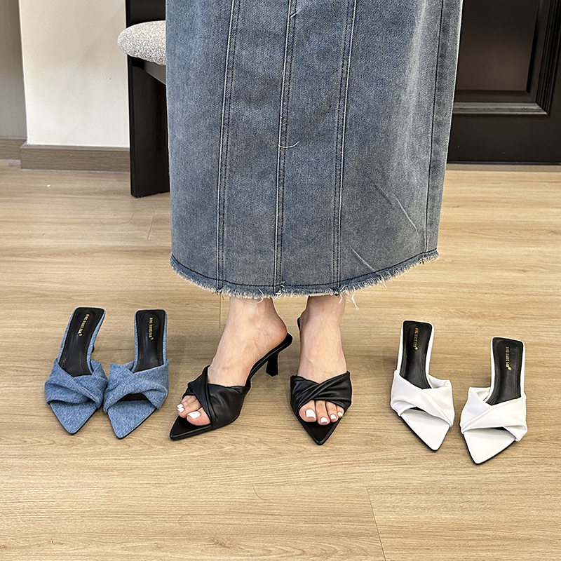 2024 Spring Summer New Comfortable Mid Heel Pointed Toe Open Toe Women's Sandals Light Mature Temperament Slippers