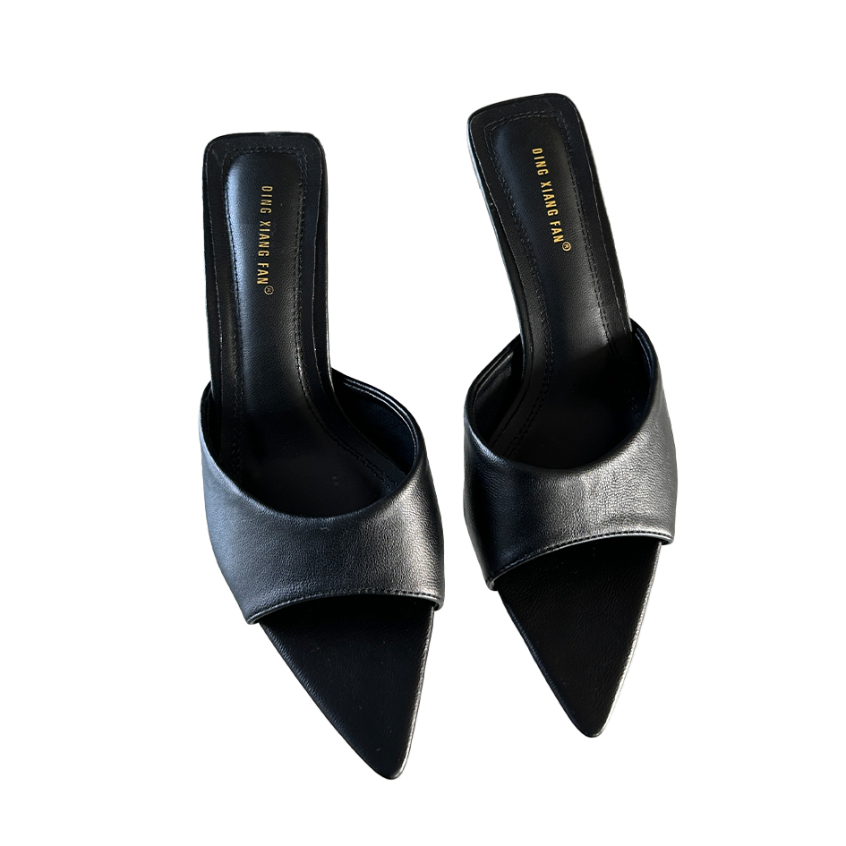 2024 New Women's Shoes High-end Solid Color Pointed Toe Open Toe Sandals Simple Comfortable Mid Heel Slippers