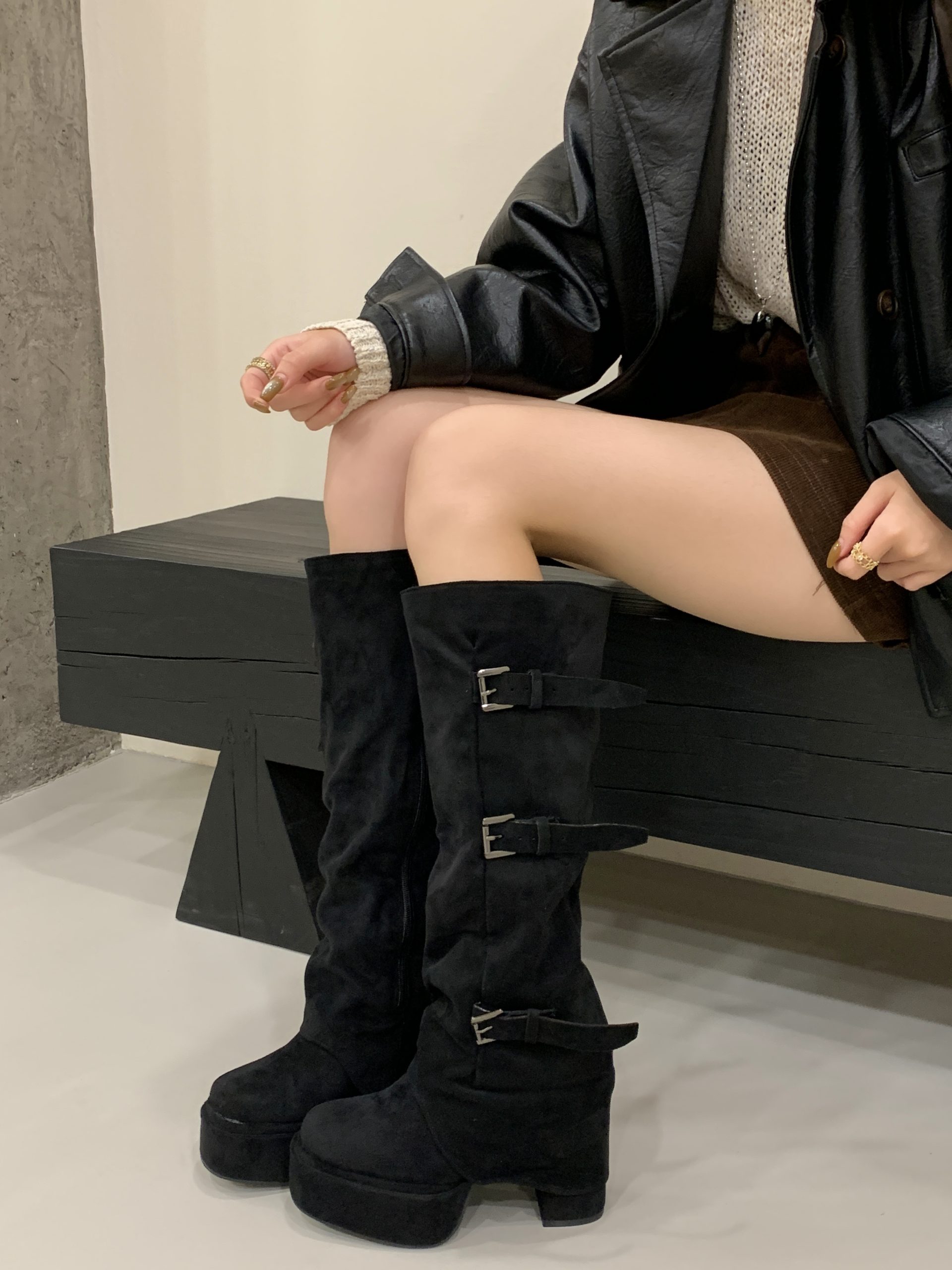 BUBUFLY 2025 New Women's Short Over-Knee Boots High Heel Slim Stacked Boots Suede Stretch High-Top Boots