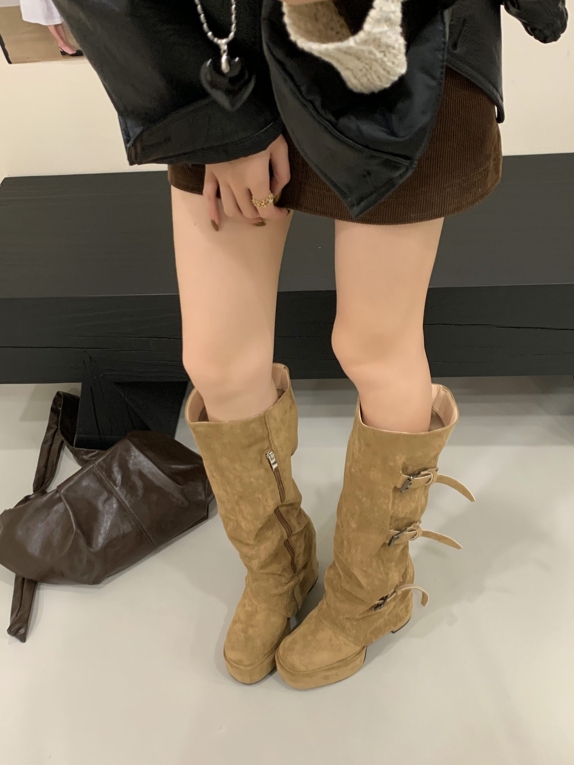 BUBUFLY 2025 New Women's Short Over-Knee Boots High Heel Slim Stacked Boots Suede Stretch High-Top Boots