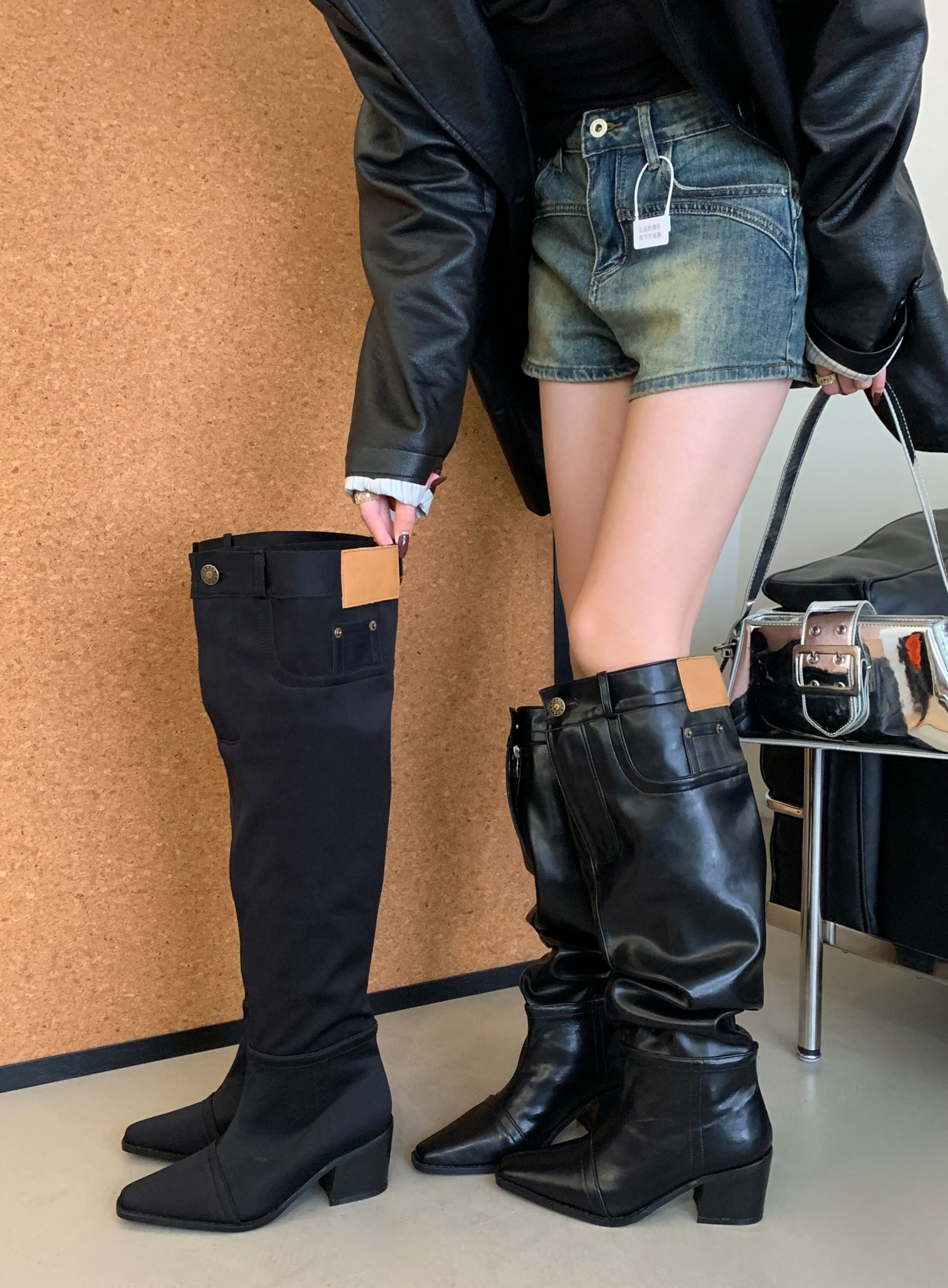 2025 New Style BUBUFLY Women's Square Toe Over Knee High Boots Chunky Heel Stretch Lycra Riding Boots