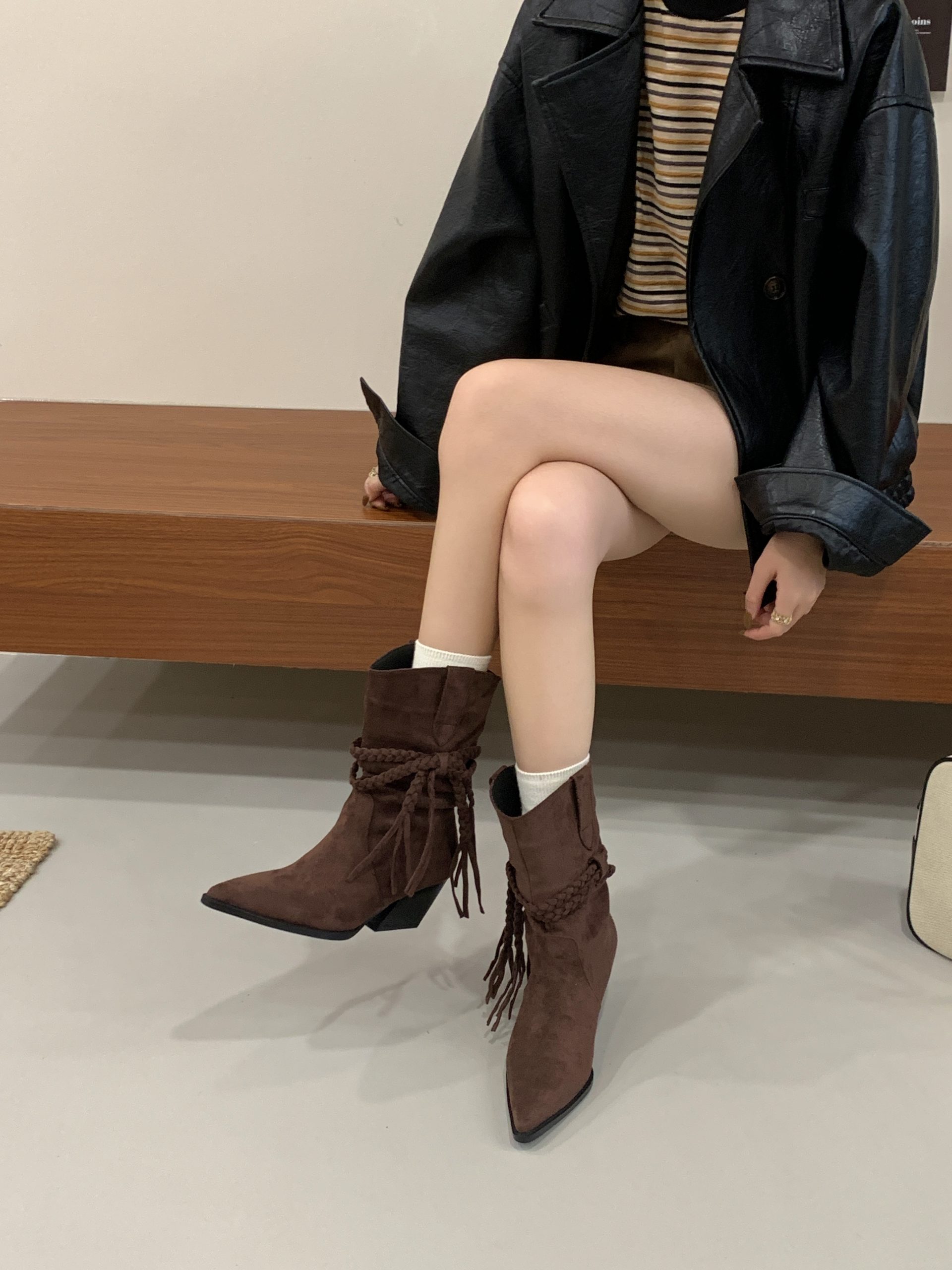 2025 Chunky Heel Woven Stack Boots Women Suede Western Boots Mid Calf Knight Boots