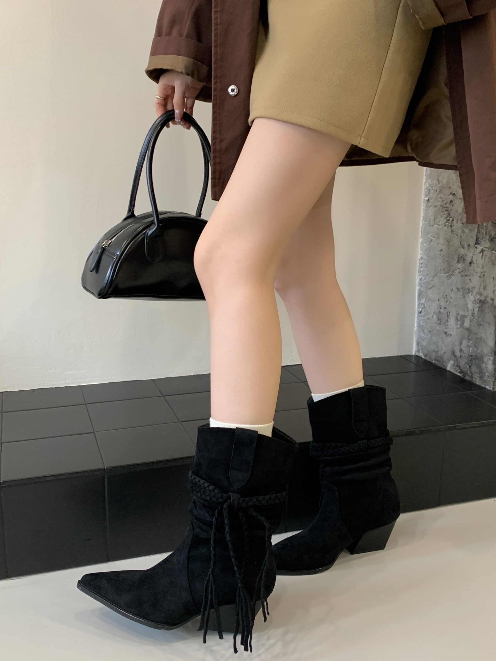2025 Chunky Heel Woven Stack Boots Women Suede Western Boots Mid Calf Knight Boots