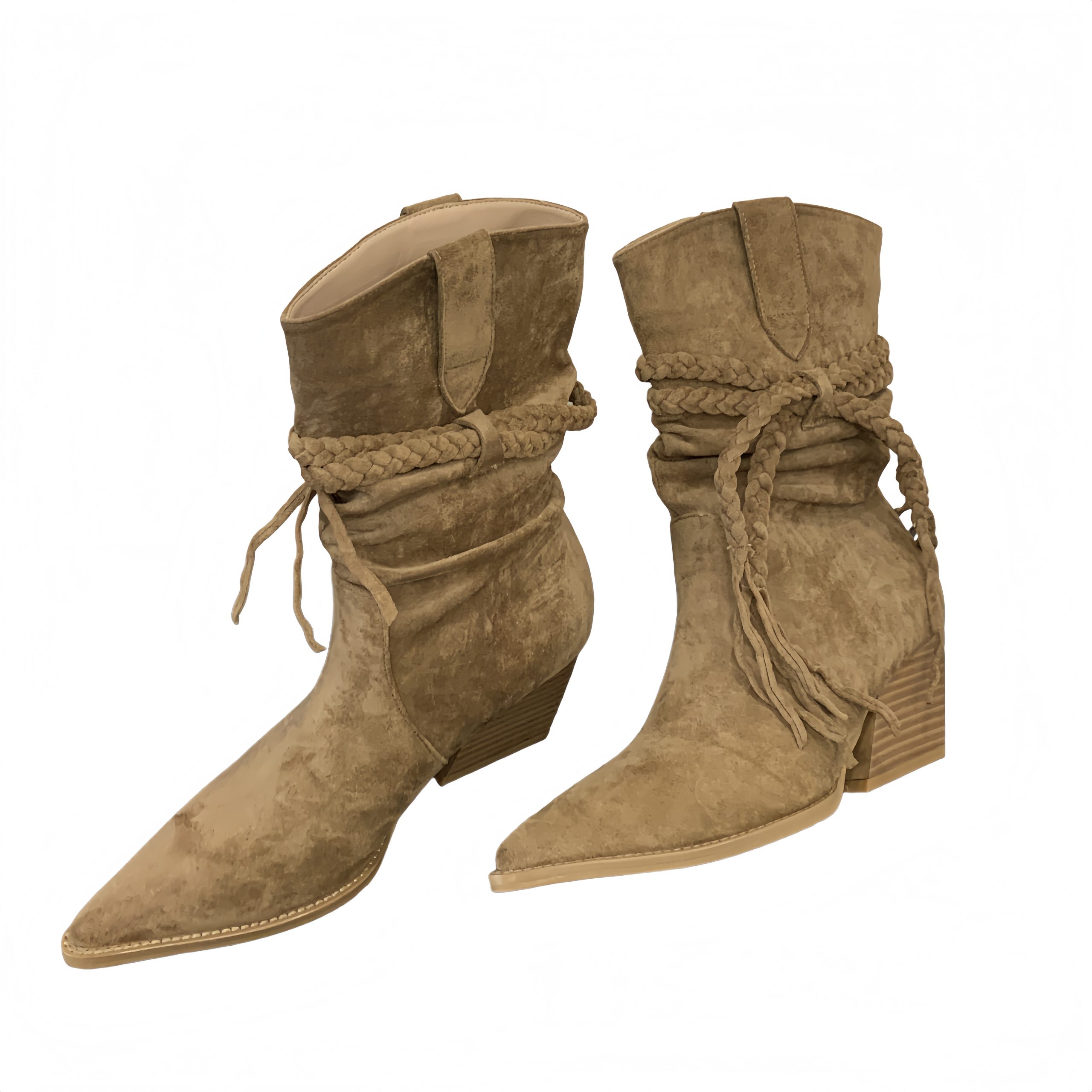 2025 Chunky Heel Woven Stack Boots Women Suede Western Boots Mid Calf Knight Boots