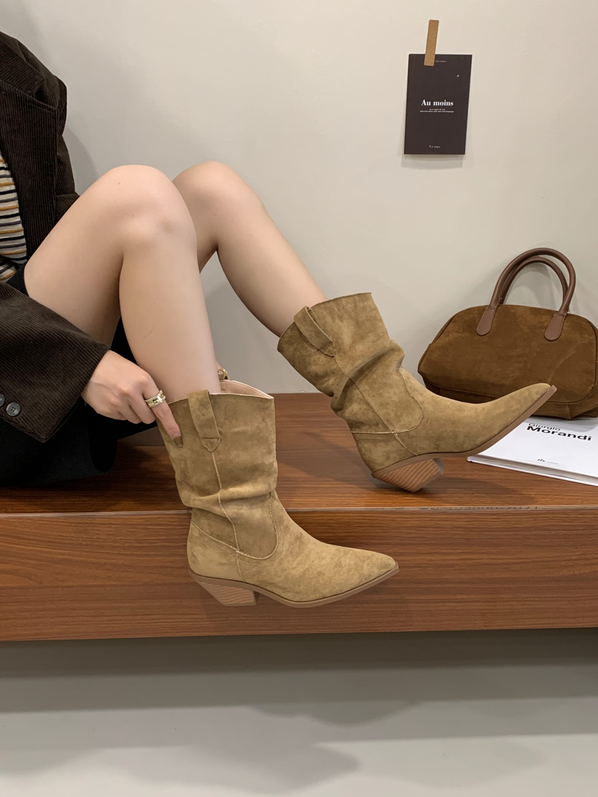 1756540181472_zX0YZu.jpg 2025 Retro Pointed Toe Chunky Heel Short Boots Women Suede Mid Calf Stack Boots Brown Western Cowboy Boots