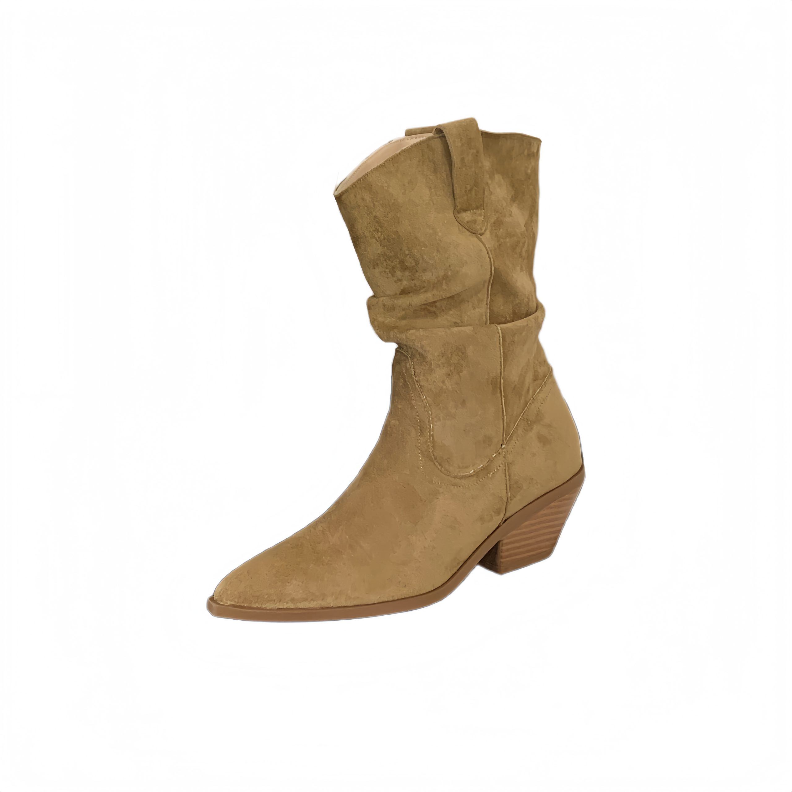 2025 Retro Pointed Toe Chunky Heel Short Boots Women Suede Mid Calf Stack Boots Brown Western Cowboy Boots