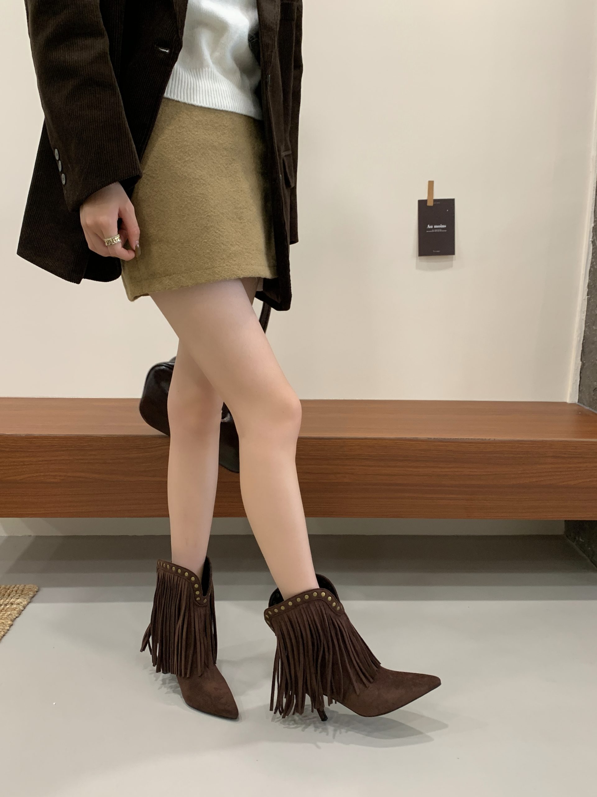 2025 New Fall Winter Retro V-Cut Western Boots Slip-On Fringe Chunky Heel Pointed Toe Riding Boots for Women