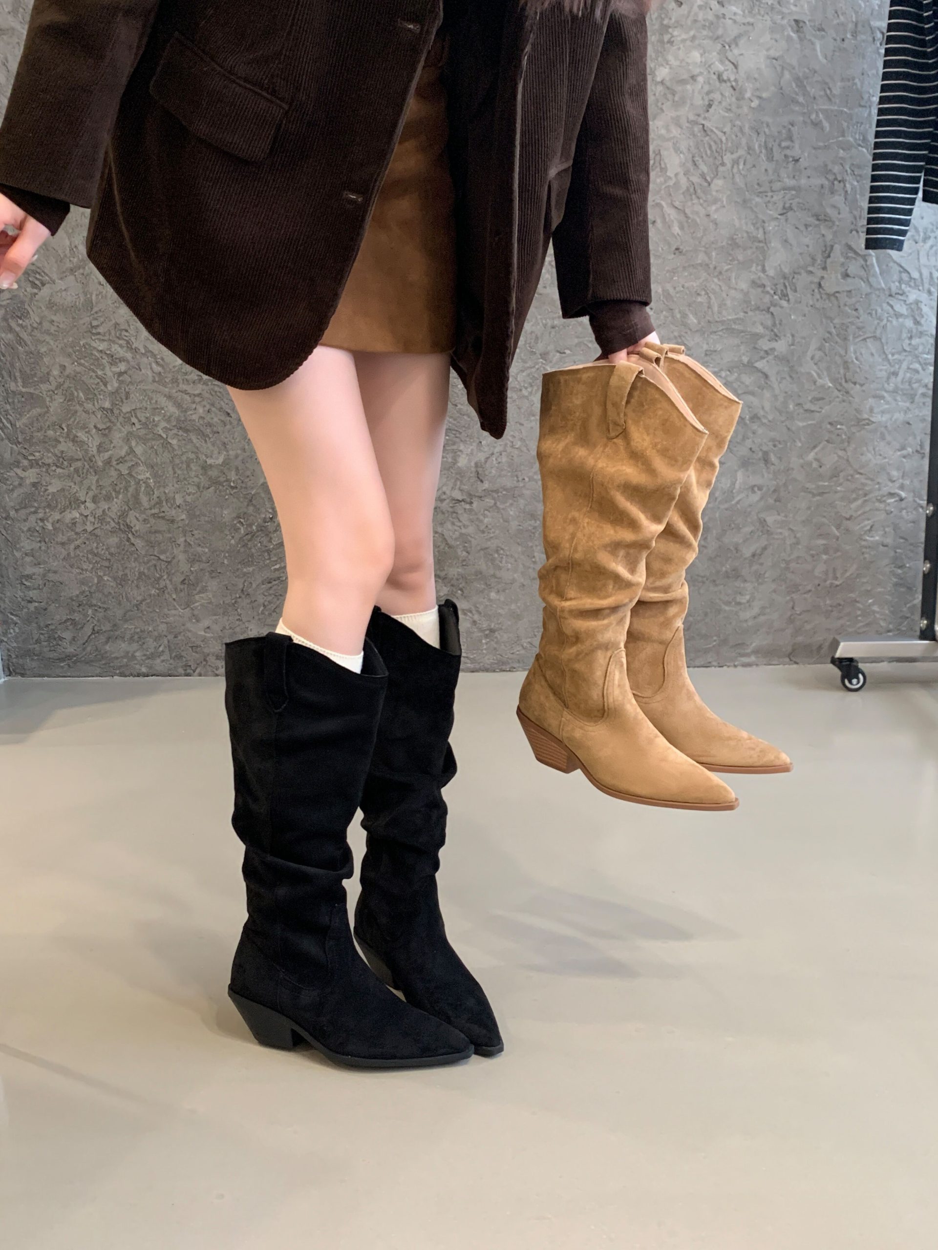1757747394281_casZdS.jpg BUBUFLY Pointed Toe Chunky Heel Stacked Boots High Top Boots 2025 Autumn Winter Khaki Short Boots Not Over Knee Small Size Tall Boots