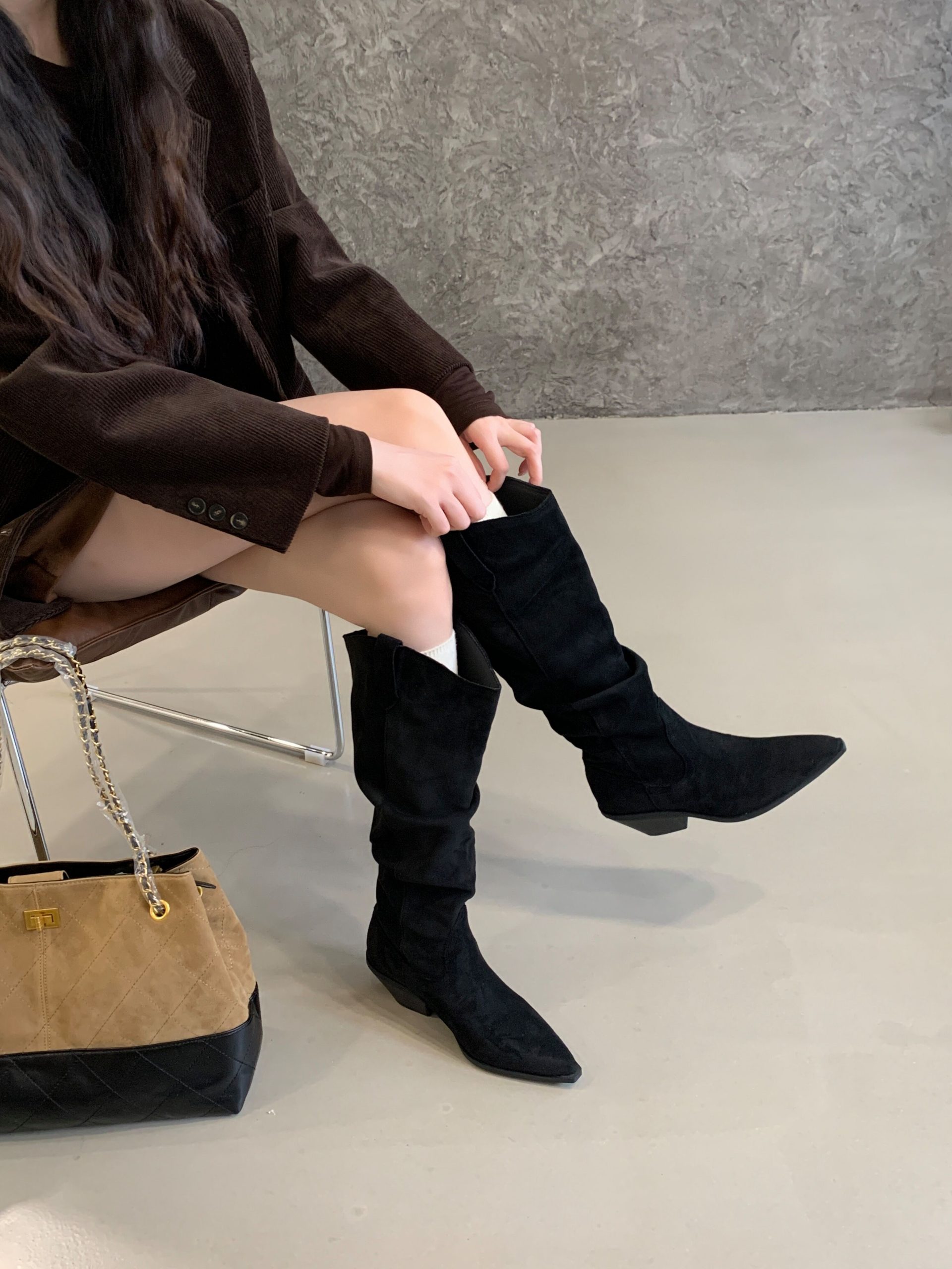 BUBUFLY Pointed Toe Chunky Heel Stacked Boots High Top Boots 2025 Autumn Winter Khaki Short Boots Not Over Knee Small Size Tall Boots