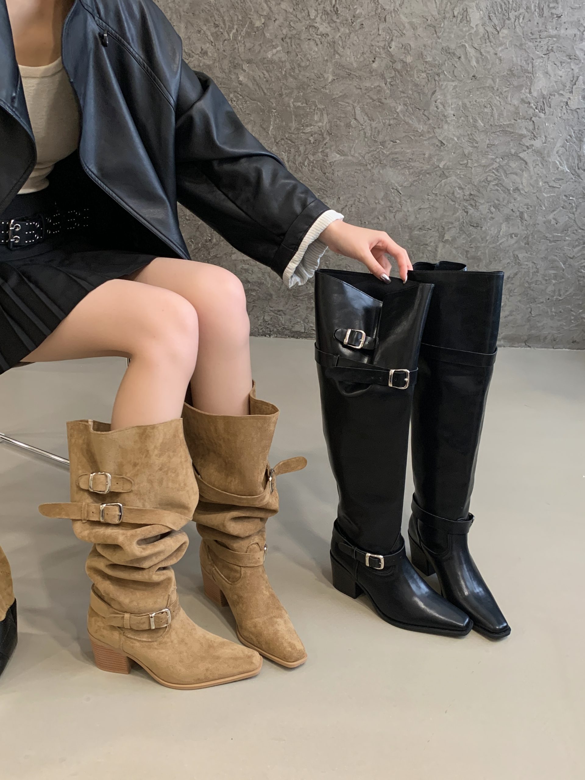 BUBUFLY Women's Over Knee Boots 2025 Fall Winter Suede Fashion Pointed Toe Chunky Heel Stacked Boots