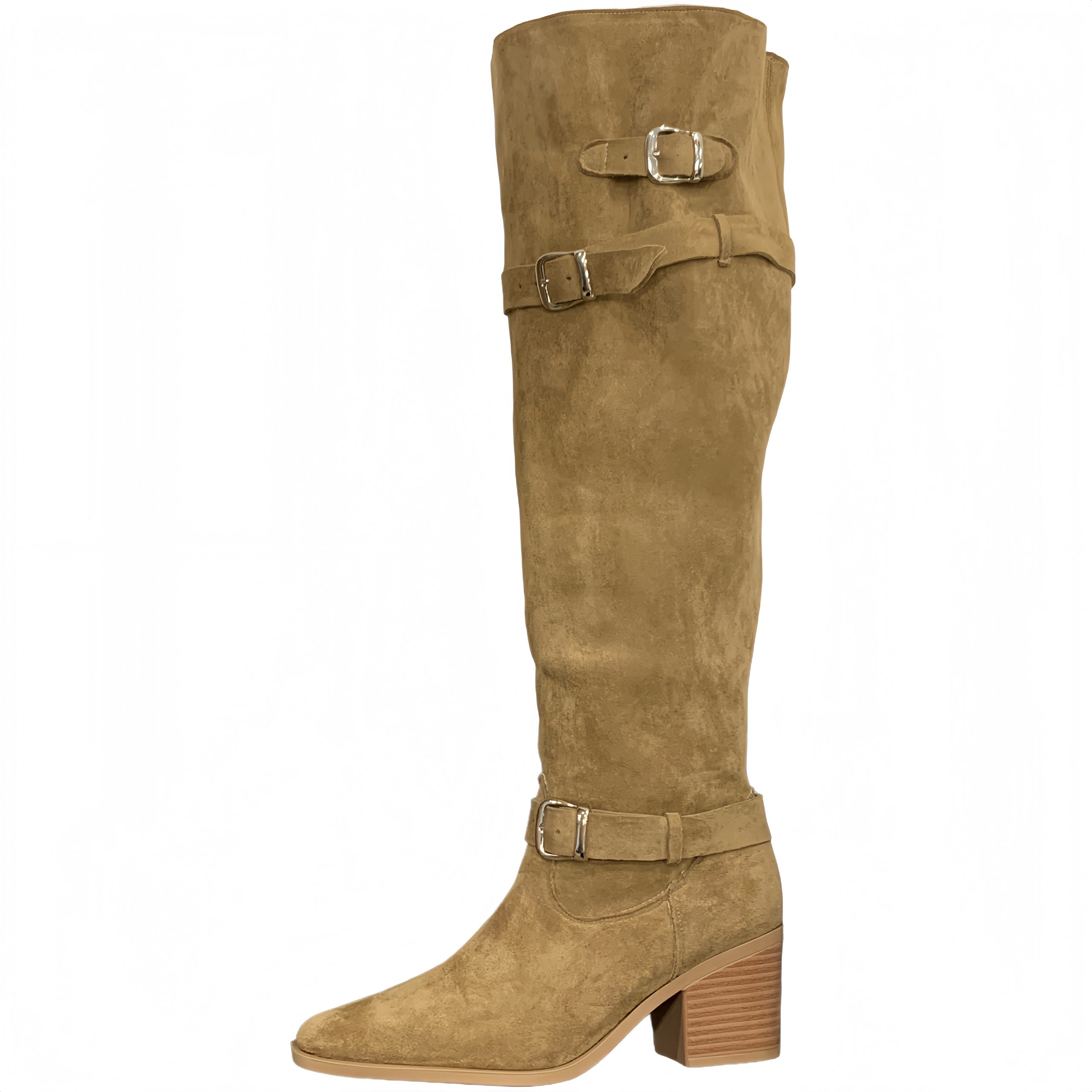 BUBUFLY Women's Over Knee Boots 2025 Fall Winter Suede Fashion Pointed Toe Chunky Heel Stacked Boots