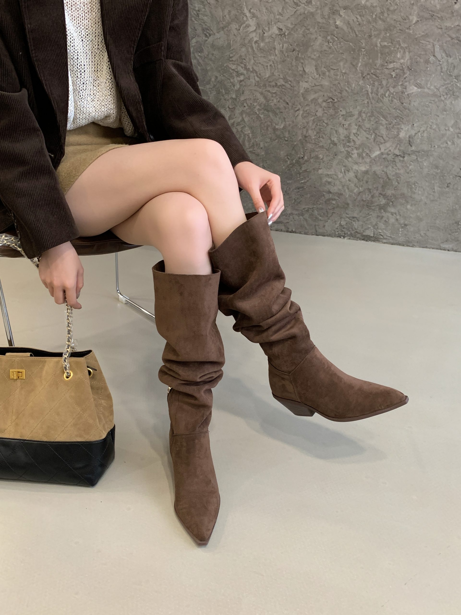 2025 New Winter Over Knee Boots Pointed Toe Chunky Heel Suede Tall Boots Women