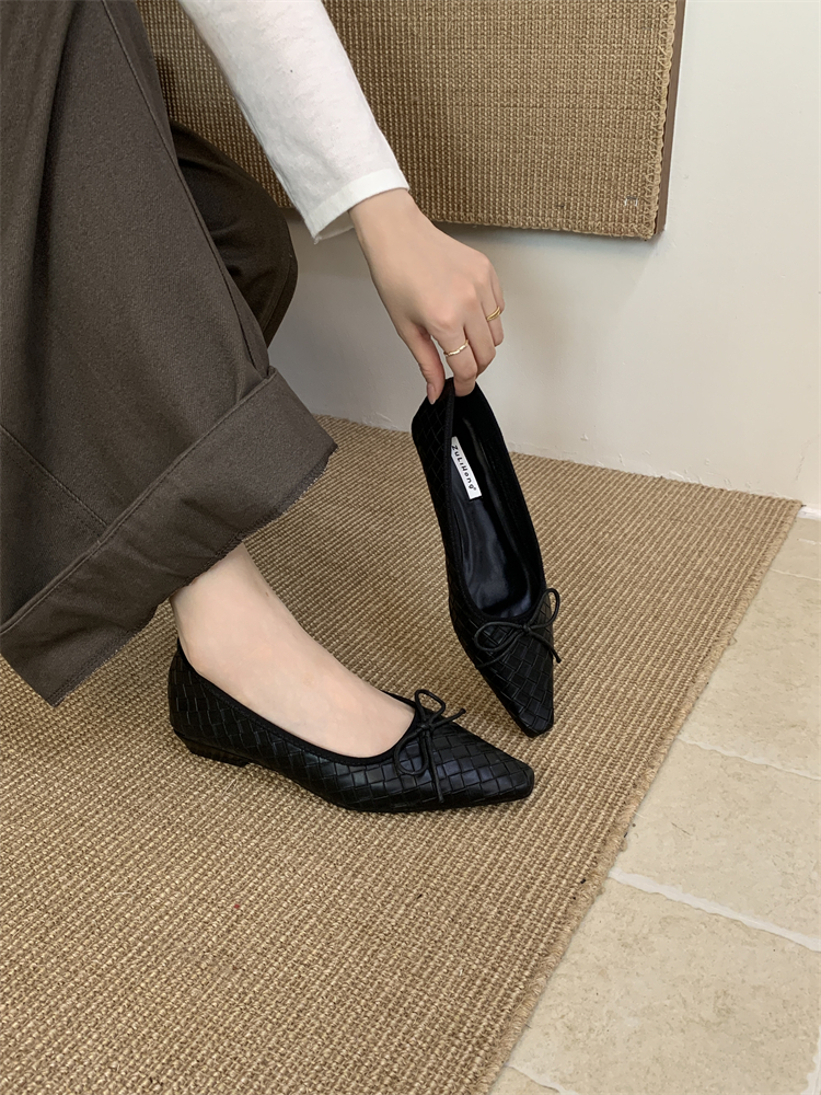 2025 Autumn New Wedge Mary Jane Shoes for Women Woven Comfortable Commuter High Heels Bow Shallow Mouth Single Shoes