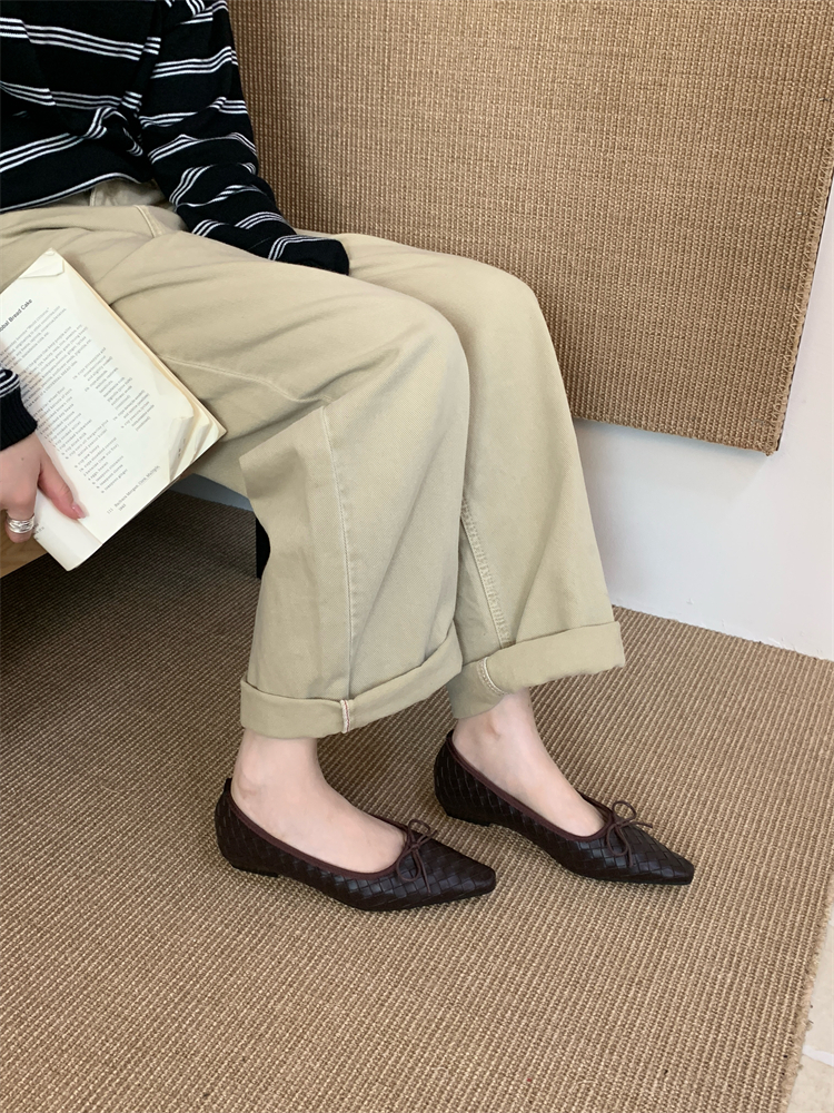 2025 Autumn New Wedge Mary Jane Shoes for Women Woven Comfortable Commuter High Heels Bow Shallow Mouth Single Shoes