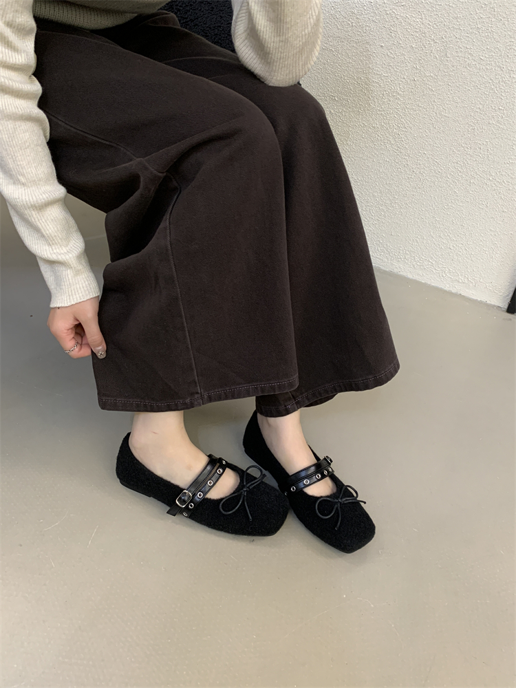 2025 New Winter Bowknot One-Strap Furry Shoes Slip-On Warm Thick Fleece Moccasin 35-40
