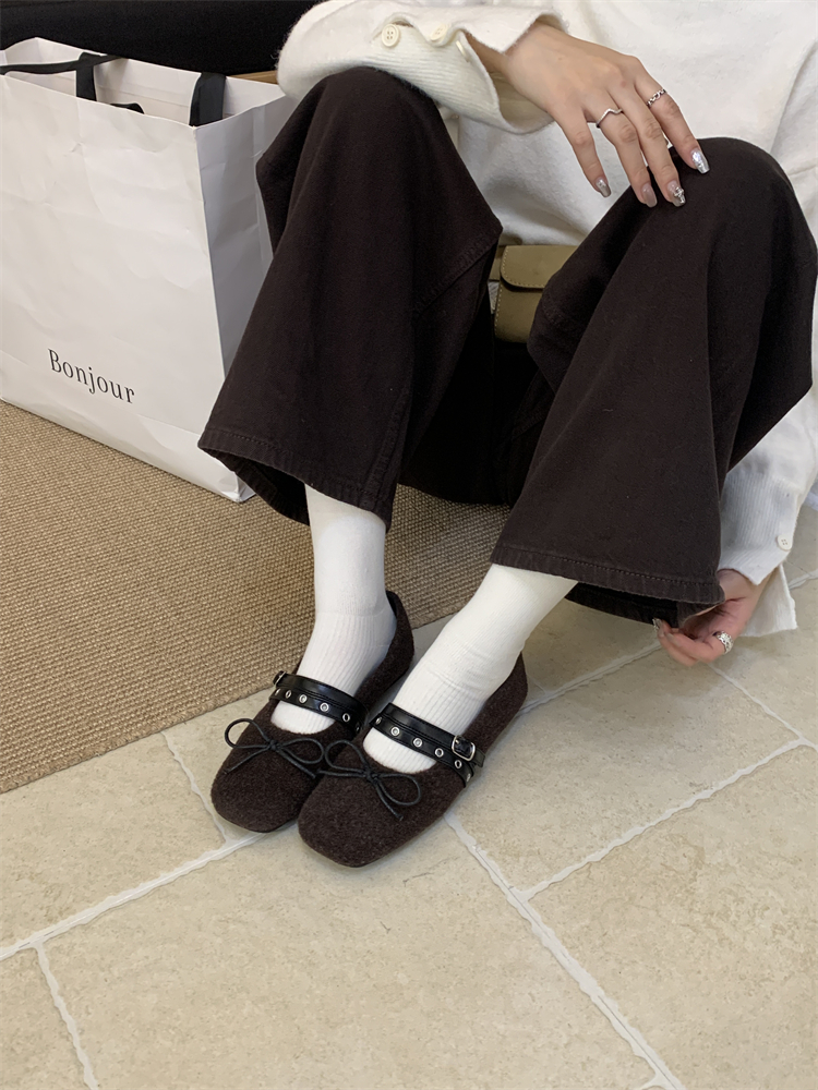 2025 New Winter Bowknot One-Strap Furry Shoes Slip-On Warm Thick Fleece Moccasin 35-40