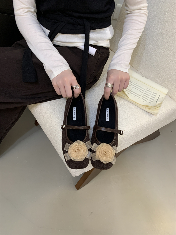 2025 Autumn Winter New Square Toe Wool Mary Jane Flat Ballet Shoes Soft Sole Women's Casual Shoes 35-40