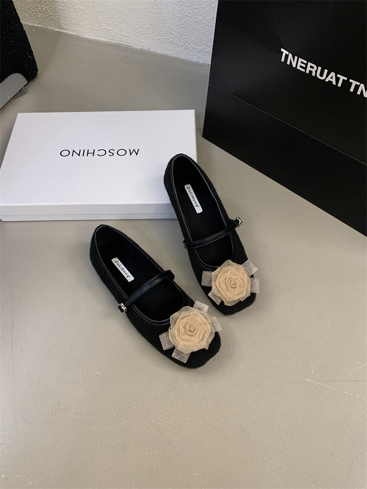 2025 Autumn Winter New Square Toe Wool Mary Jane Flat Ballet Shoes Soft Sole Women's Casual Shoes 35-40
